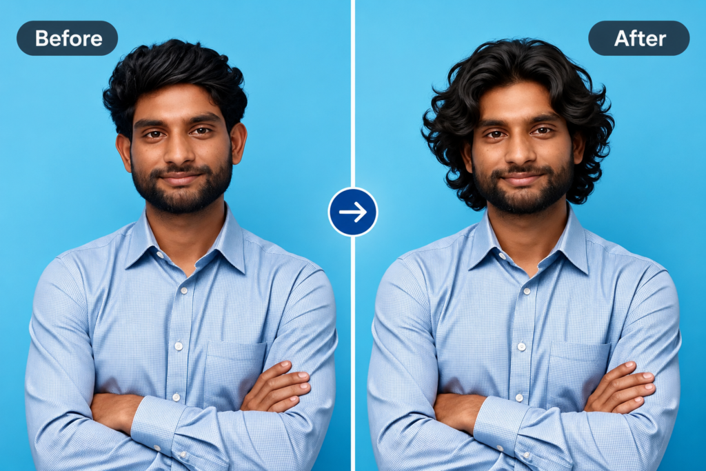 Before-and-after hairstyle transformation created in Photo AI Studio
