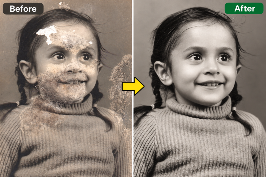 Compare before and after photo restoration results