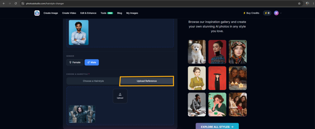 Upload a hairstyle reference in Photo AI Studio