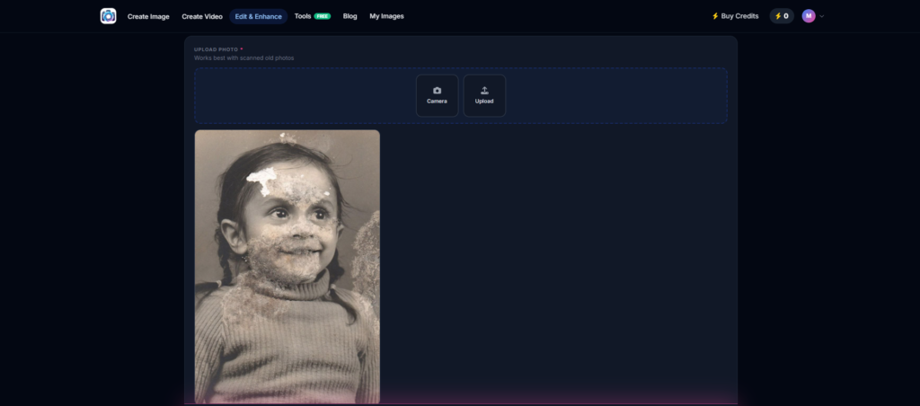 Upload an old photo for AI photo restoration