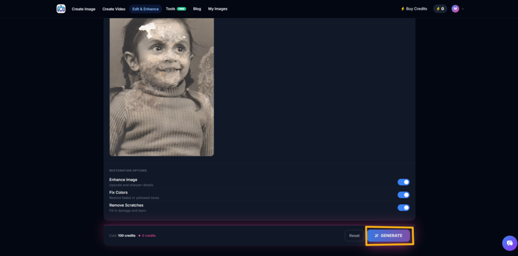 Generate a restored old photo with Photo AI Studio