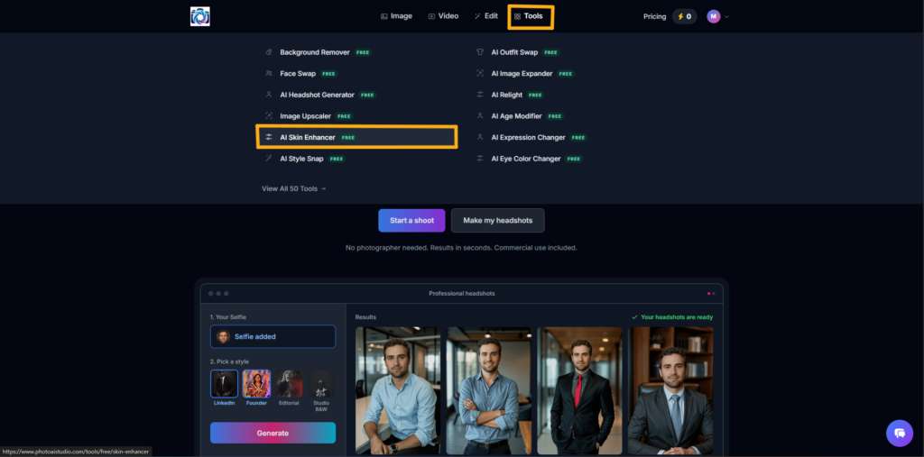 Open Photo AI Studio Tools to find the AI Skin Enhancer