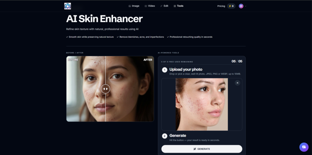 Upload a portrait to Photo AI Studio AI Skin Enhancer
