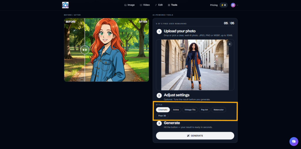 Choose an artistic style in Photo AI Studio Style Snap
